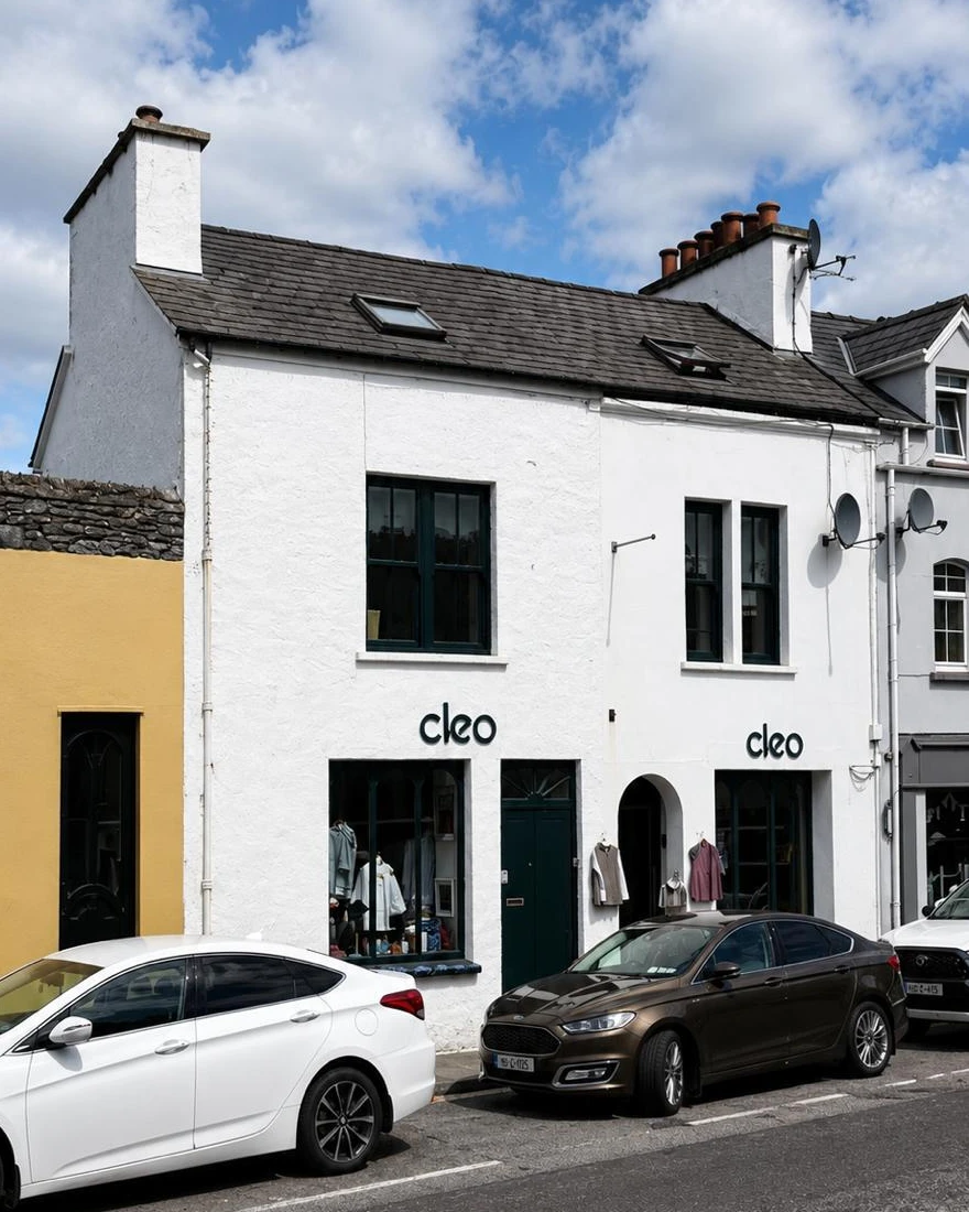 Cleo's current shopfront in Kenmare, with dark-framed windows and Cleo signs above the displays